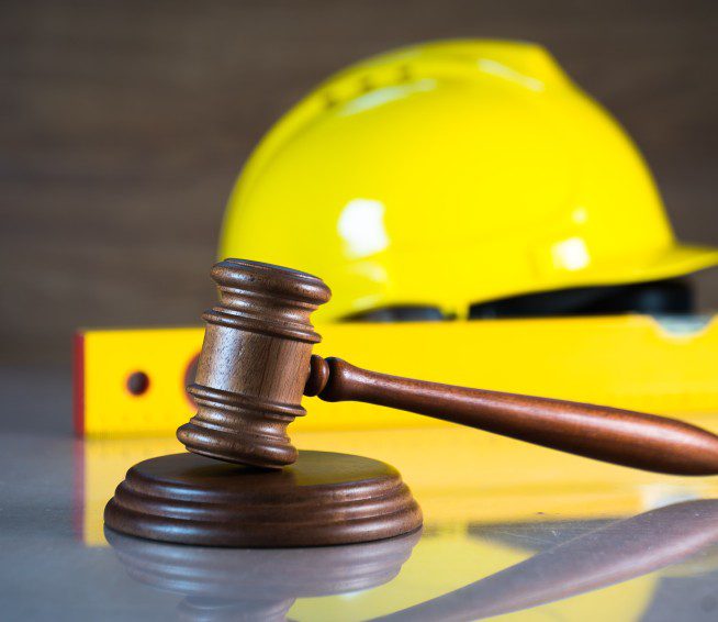 a gavel in front of a hard hat