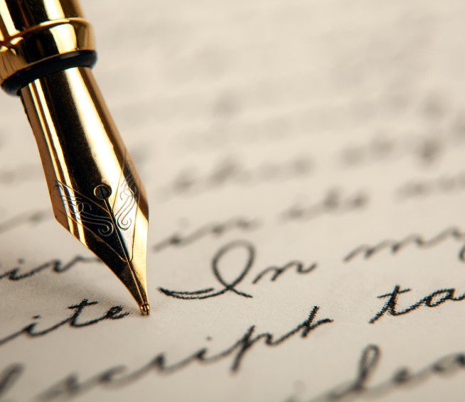 an ink pen hovers over a document