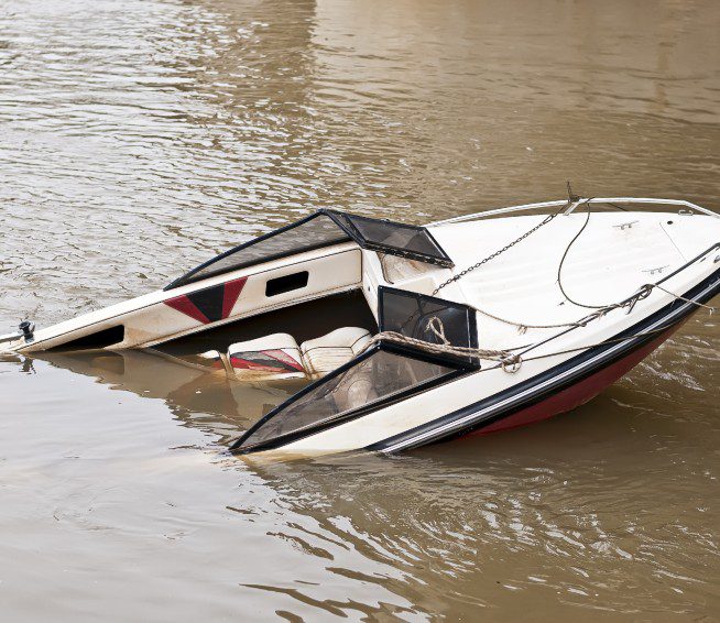 a boat half submerged in muddy water