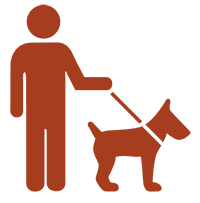 a cartoon icon of a man holding a dog on a leash