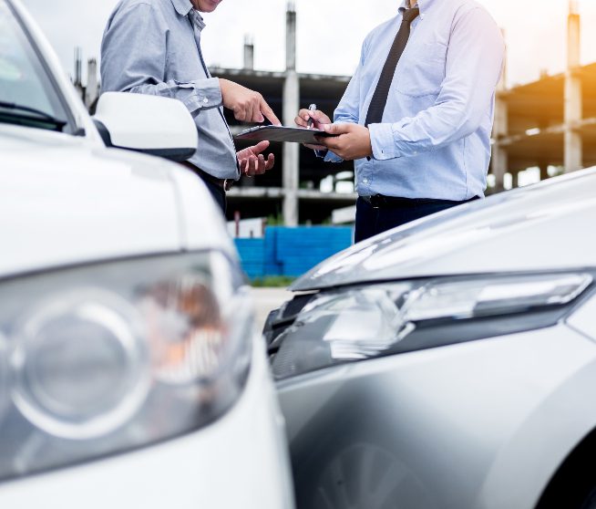 a man signs a form in front of two crashed cars