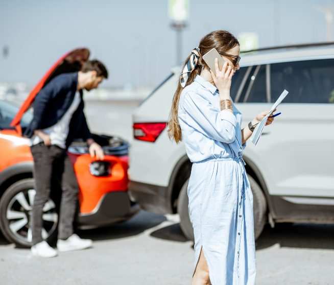 a woman talks on the phone as a man inspects his car in the background