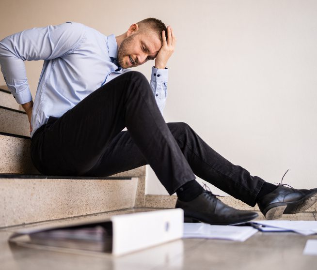 a man sits on the stairs looking distressed