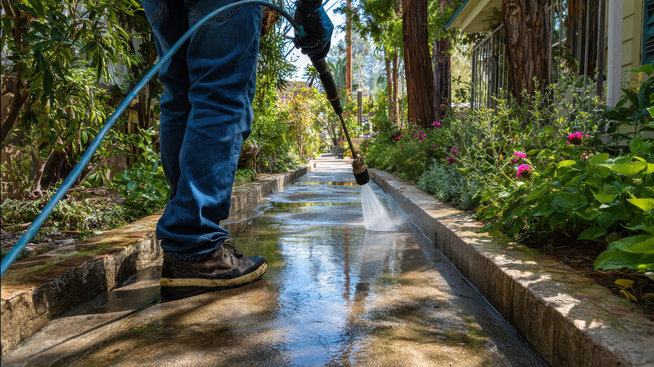 A man uses a floor scrubber to clean a long, outdoor concrete pathway surrounded by lush vegetation and trees in a sunny garden. He is maintaining the property by removing dirt.