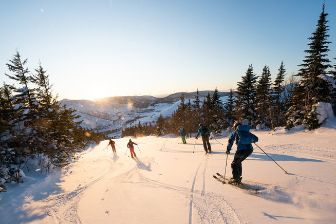 Group of friends skiing in the Chic Chocs in Quebec Canada