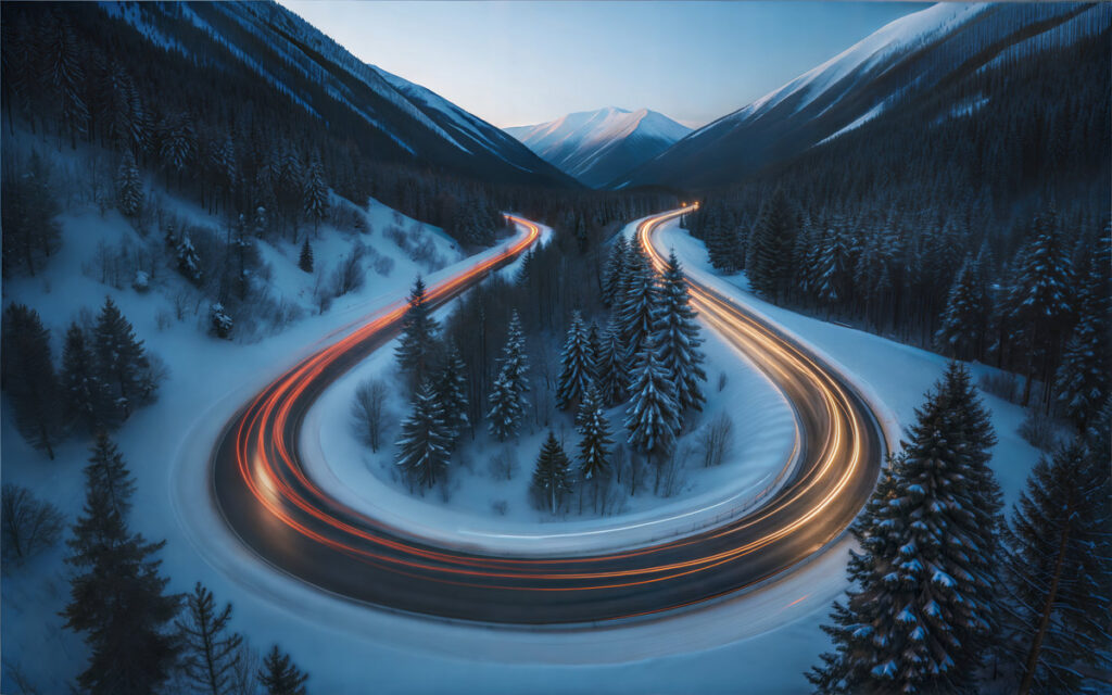 Spectacular Light Trails on a Winding Mountain Road in a Snowy Winter Landscape at Dusk.