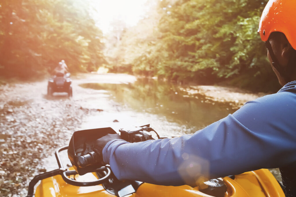 Ride an ATV in the first person off-road. Sports adventures on ATV