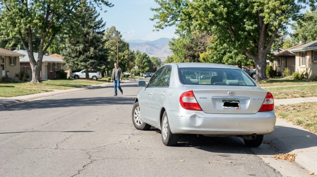 Toyota Camry with dented rear bumper parked on residential street near pedestrian