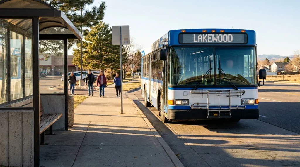 Lakewood transit bus stopped at public bus shelter with pedestrians approaching