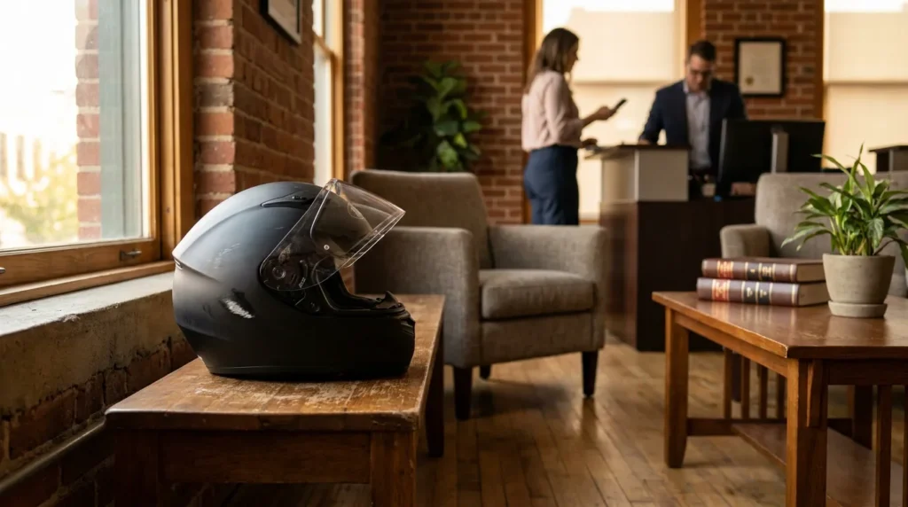 motorcycle helmet on wooden bench in law firm reception area with legal books