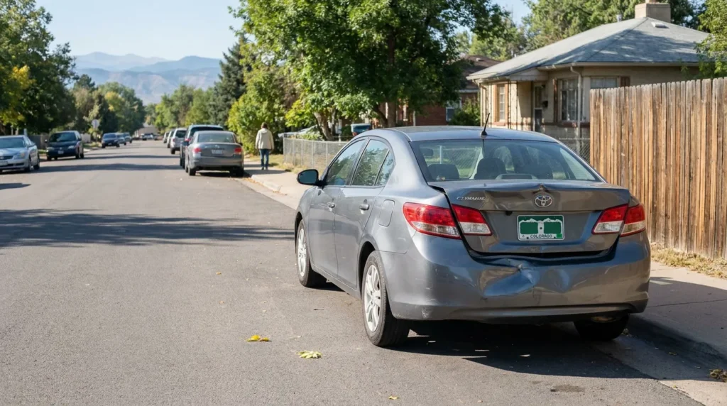 Toyota Camry with dented rear bumper parked on residential Colorado street