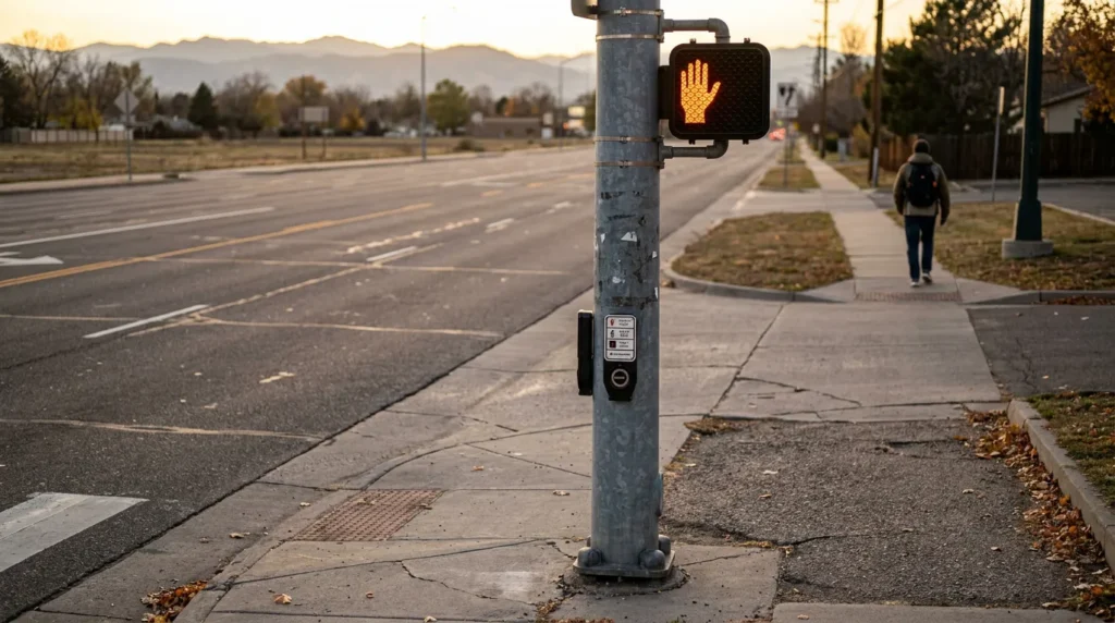 pedestrian crosswalk signal displaying stop hand at urban street intersection