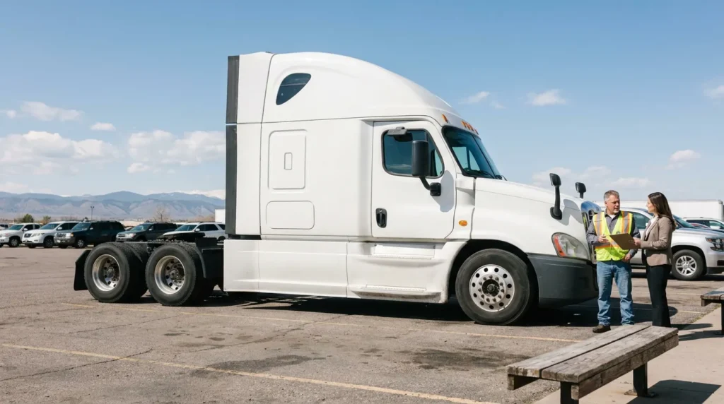 truck driver in safety vest reviewing clipboard with professional beside semi-truck