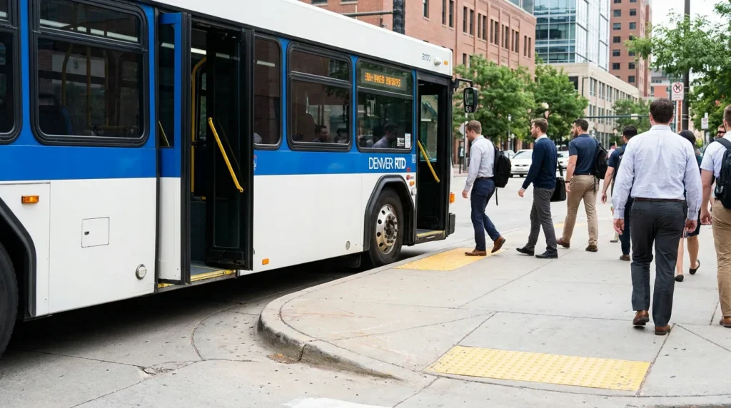 passengers boarding Denver RTD public transit bus at urban sidewalk stop