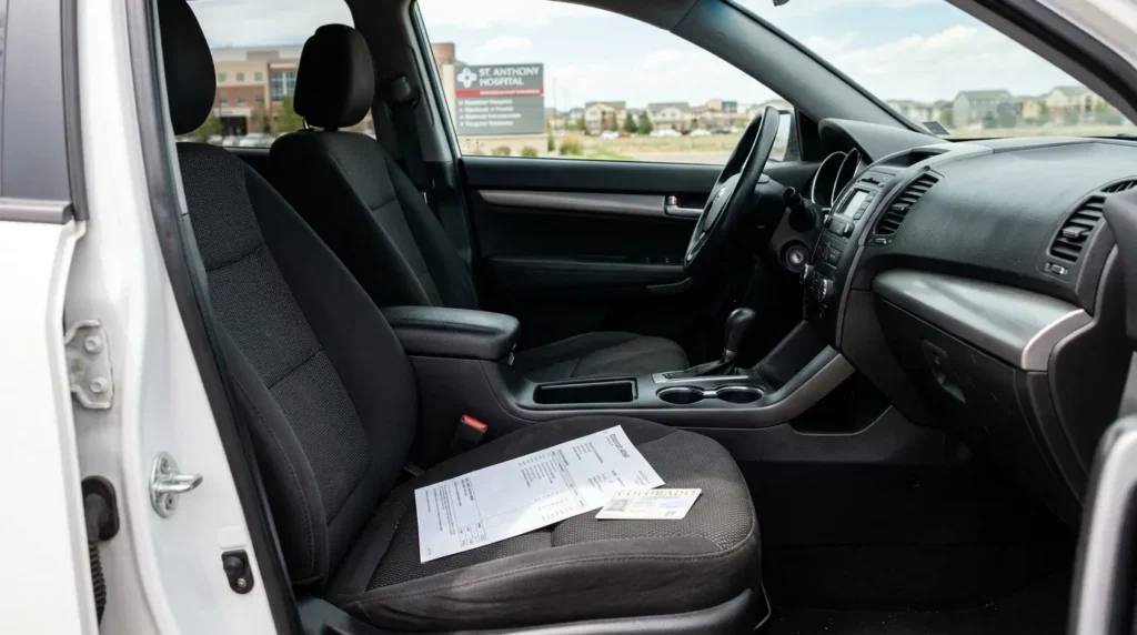 vehicle front seat with Colorado ID and documents near St. Anthony Hospital