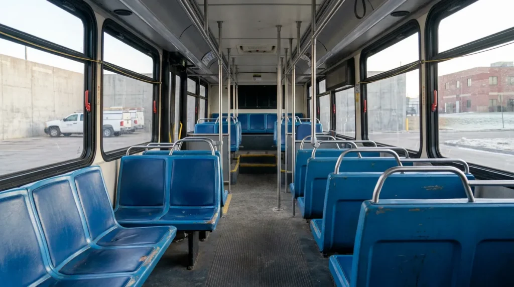 empty public transit bus interior with rows of seats and overhead handrails