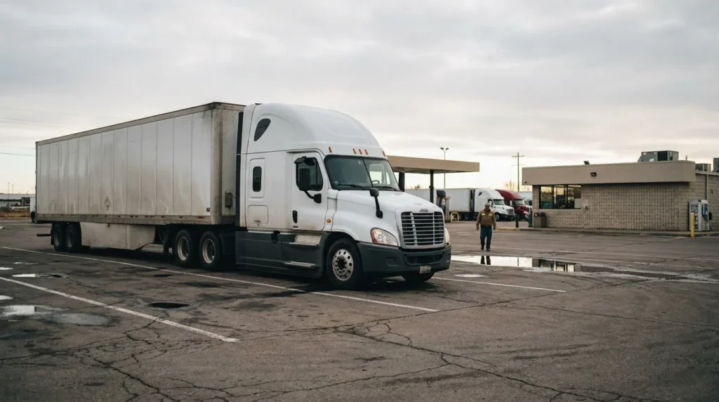 semi-truck with large trailer parked at commercial truck stop near building